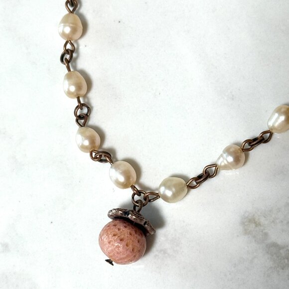 Pale Pink Freshwater Pearl Short Necklace with Cute Coral Pendant, Copper Links - Picture 4 of 16